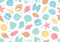 Seashell seamless pattern. Vector background included line icons as ocean sea shells, scallop, starfish, clam, oyster Royalty Free Stock Photo