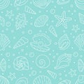 Seashell seamless pattern. Vector background included line icons as ocean sea shells, scallop, starfish, clam, oyster Royalty Free Stock Photo