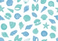 Seashell seamless pattern. Vector background included silhouette icons as ocean sea shells, scallop, starfish, clam Royalty Free Stock Photo