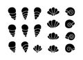 Seashell silhouette icons set. Contour elements, cartoon design. Black hand drawn illustration of different ocean shells. Flat Royalty Free Stock Photo
