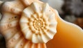 Seashell spiral pattern close-up, natural shell texture, ocean beach find Generative AI