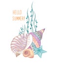 Seashell underwater background. Summer holidays cover with sea inhabitants