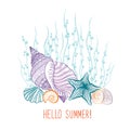 Seashell underwater background. Summer holidays cover with sea inhabitants