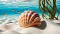 A seashell on white sand under clear water with fish and seaweed in background Royalty Free Stock Photo
