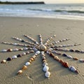 Seashells arranged in a radial pattern on a sandy beach form a sunburst design. Royalty Free Stock Photo