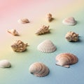 Seashells are arranged on a textured surface with a pastel gradient background Royalty Free Stock Photo
