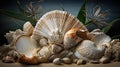 Seashells background texture close up. Closeup of beautiful colorful sea shells in different shapes, coral and starfish Royalty Free Stock Photo