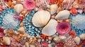 Seashells background texture close up. Closeup of beautiful colorful sea shells in different shapes, coral and starfish Royalty Free Stock Photo