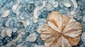 Seashells background texture close up. Closeup of beautiful colorful sea shells in different shapes, coral and starfish Royalty Free Stock Photo