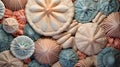 Seashells background texture close up. Closeup of beautiful colorful sea shells in different shapes, coral and starfish Royalty Free Stock Photo