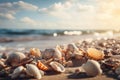 Seashells shine on a beach, creating an exotic tropical vacation scenery Royalty Free Stock Photo