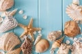 Seashells on blue wood, sea vacation background Royalty Free Stock Photo