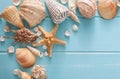 Seashells on blue wood, sea vacation background Royalty Free Stock Photo