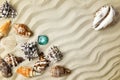 Marine summer postcard. Seashells border on sand on the beach the gradient effect Royalty Free Stock Photo