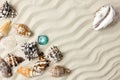 Marine summer postcard. Seashells border on sand on the beach Royalty Free Stock Photo