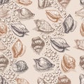 Seashells with bubbles hand drawn vector graphic etching sketch, seamless pattern, underwater artistic marine ornament, design for Royalty Free Stock Photo