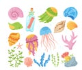 Seashells cartoon hand drawn set ocean marine coral letter message shell starfish jellyfish vector Royalty Free Stock Photo