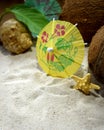 Seashells, coconuts and cocktail umbrellas are framing copy space on beach sand Royalty Free Stock Photo