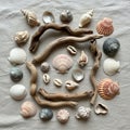 Seashells and driftwood forms a circular arrangement on a light cloth Royalty Free Stock Photo