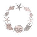 Seashells frame in doodle style. One line drawing of a shell