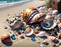 Seashells and gem stones spilled over sandy beach. Digital illustration. Amazing CG Artwork Background Royalty Free Stock Photo