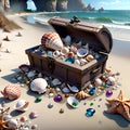 Seashells and gem stones spilling out of an old wooden treasure chest open on sandy beach. Digital illustration. Amazing Royalty Free Stock Photo