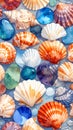 Seashells and Glass Beads Artistic Arrangement Royalty Free Stock Photo