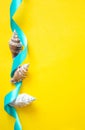 Seashells with light blue ribbon on yellow background