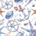Seashells, nauticals and starfish for children's prints and textures using watercolors Royalty Free Stock Photo