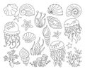 Seashells outline doodle set ocean marine starfish mollusk seaweed conch jellyfish tropical vector Royalty Free Stock Photo