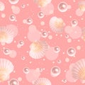 Seashells and pearls on a pastel seamless pattern with pink circles and bubbles.