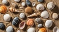 Seashells and pebbles arranged on sand. Royalty Free Stock Photo