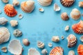 Seashells, pebbles, mockup on blue background. Blank, top view, still life, flat lay. Sea vacation travel concept Royalty Free Stock Photo