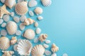 Seashells, pebbles, mockup on blue background. Blank, top view, still life, flat lay. Sea vacation travel concept Royalty Free Stock Photo