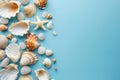 Seashells, pebbles, mockup on blue background. Blank, top view, still life, flat lay. Sea vacation travel concept Royalty Free Stock Photo