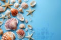 Seashells, pebbles, mockup on blue background. Blank, top view, still life, flat lay. Sea vacation travel concept Royalty Free Stock Photo