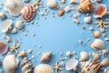 Seashells, pebbles, mockup on blue background. Blank, top view, still life, flat lay. Sea vacation travel concept Royalty Free Stock Photo