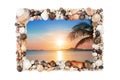 Seashells photo frame white background isolated close up, sea shells picture border, sunset beach, summer holiday, tropical island Royalty Free Stock Photo