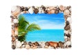 Seashells photo frame white background isolated closeup, sea shells picture border, summer beach holiday, exotic tropical island Royalty Free Stock Photo