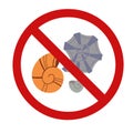 Seashells in the prohibition sign. Vector forbidden sign with shellfish for stickers. Allergy danger