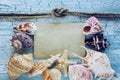 Seashells, rope and blank paper Royalty Free Stock Photo