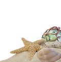 Seashells on sand with glass ball on white Royalty Free Stock Photo