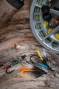 Colourful fly fishing flies on natural background Royalty Free Stock Photo