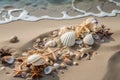 seashells, sand, and starfish on the beach