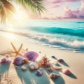 Seashells on sand with turquoise waves, tropical palm in the sunrise rays in soft violet pink tones