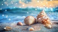 Seashells on sandy beach with ocean backdrop