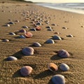 Seashells on a sandy beach at sunrise or sunset casting elongated Royalty Free Stock Photo