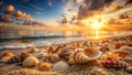 Seashells on sandy beach at sunset, golden hour glow. Generative AI Royalty Free Stock Photo