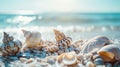 Seashells scattered along the seashore, creating a tranquil beach holiday background. Ai Generated Royalty Free Stock Photo