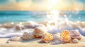 Seashells scattered along the seashore, creating a tranquil beach holiday background. Ai Generated Royalty Free Stock Photo